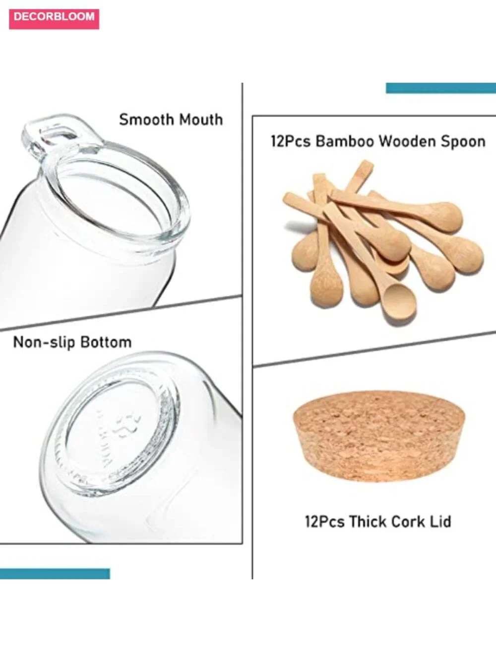 10oz Glass Storage Jars with Cork Lids & Spoons - 12 Pack for Pantry, Spices,